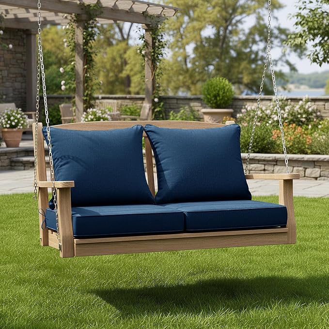 Summsun Outdoor Chair Cushions, Faux Linen Backrest and Deep Seat Cushion Set for Patio Furniture with Weather Resistant Removable Cover, Ties, Non-Slip Bottom, 22 x 22 Inch, Navy, Set of 2