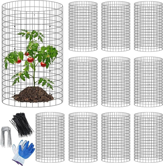 winemana 12 Set Garden Plant Protector Cage,36 Pcs 16x12 in Metal Wire Protectors for Plants Protection Cages with Stakes Ties Animals Barrier to Keep Rabbit Chicken Away from Flower Vegetables(Black)