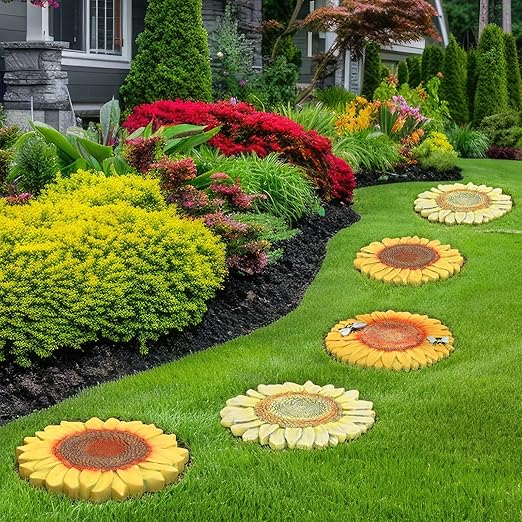 3 Pack Sunflower Stepping Stones for Garden, 10-Inch Faux Stepping Stones Outdoor, Decorative Hand-Painted Garden Stones, Weather-Resistant Pathway Stones for Walkway Yard Patio, Large Stepping Stones