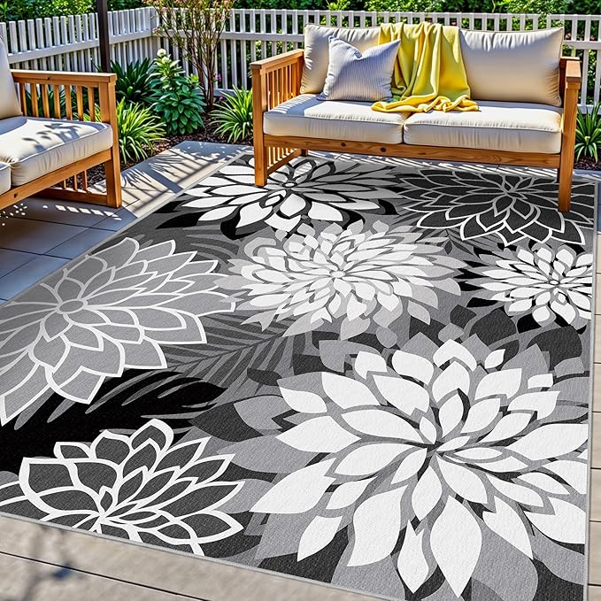3x5 Washable Rug for Living Room Tropical Botanical Modern Floral Chenille Area Rugs Low Pile Non Slip Carpet for Patio, Bedroom, Laundry, Black