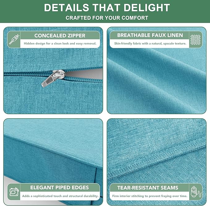 Summsun Faux Linen Outdoor Chair Cushions, Water Resistant Backrest and Deep Seat Cushion Set with Removable Cover, Straps, Non-Slip Bottom for Patio Furniture, 24 x 24 Inch, Teal, Set of 4