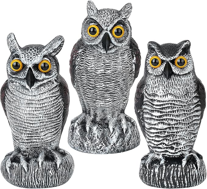 3-Pack Owl Decoys for Bird Deterrent - Weatherproof Bird Repellent Devices for Outdoor Use - Plastic Owls to Scare Birds Away and Control Garden Pests