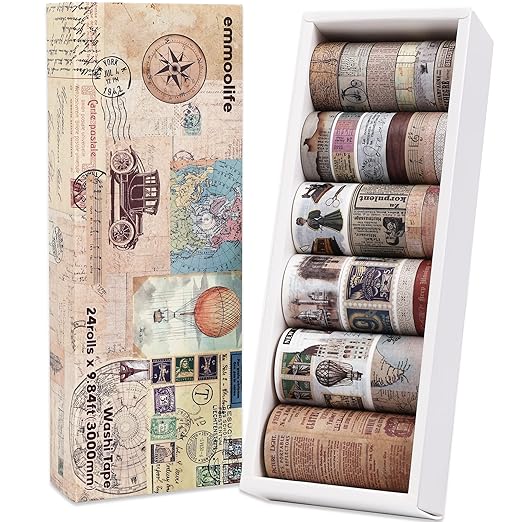 24 Rolls Vintage Washi Tape Set, Antique Car Buildings Map Stamp Stripe Writable Aesthetic Washy Decorative Tapes for Scrapbooking, Junk Journal Supplies, Bullet Journaling 5-75mm Wide (3m Long)/Roll