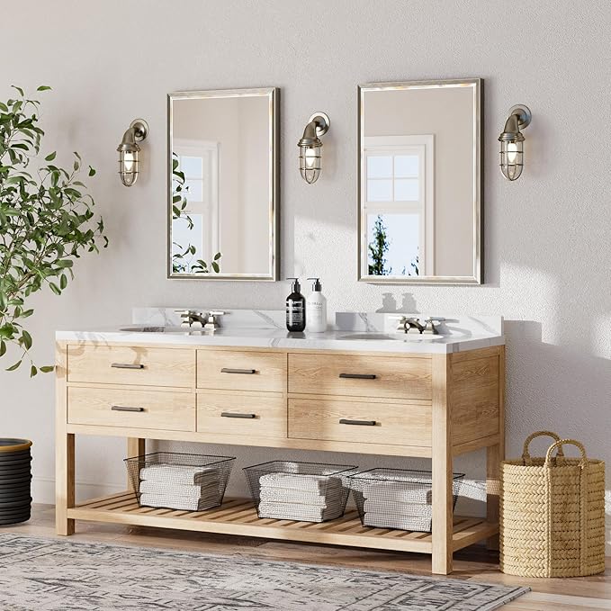 Brushed Nickel Bathroom Mirror, 24x36 Inch Beveled Framed Bathroom Mirror