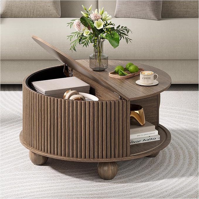JOINICE Round Coffee Table with Storage, 31.5" Walnut Fluted Drum Center Table, Mid Century Modern Wood Circle Table with Sliding Door & Bun Feet for Living Room