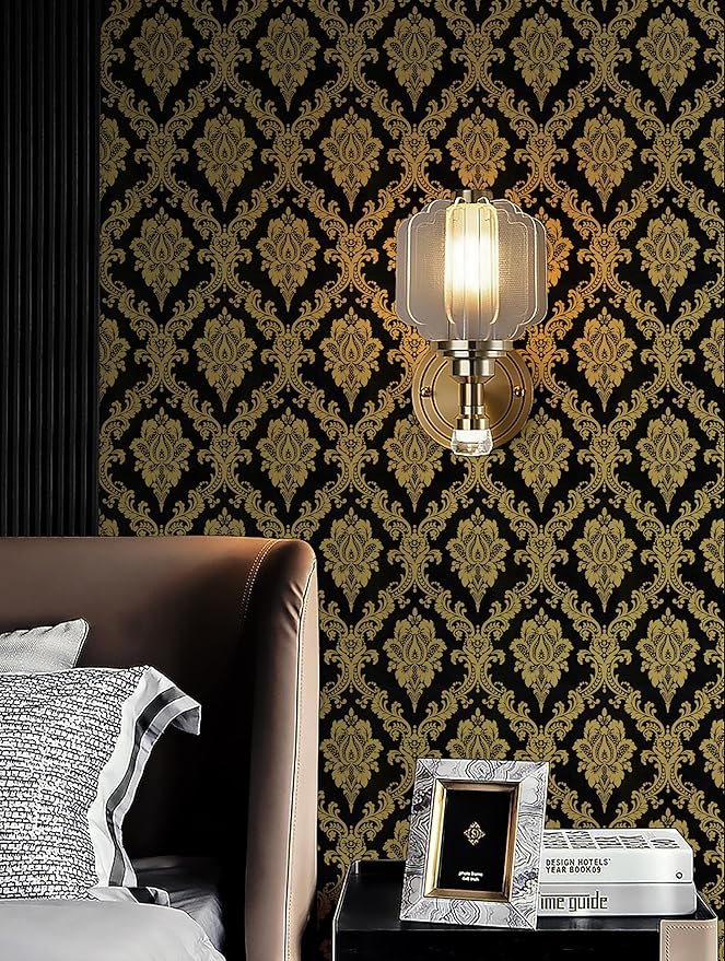 Peel and Stick Wallpaper Black and Yellow Damask Wallpaper