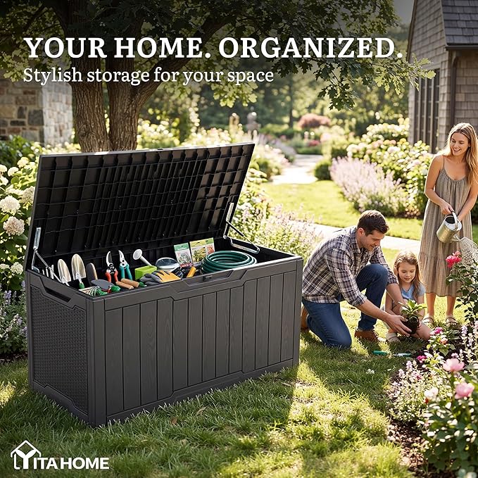 YITAHOME 100 Gallon Large Outdoor Deck Box, Waterproof Resin Storage Box, Lockable Indoor Outdoor Storage Container for Patio Furniture Cushions, Pool Accessories, Garden Tools, Dark Gray