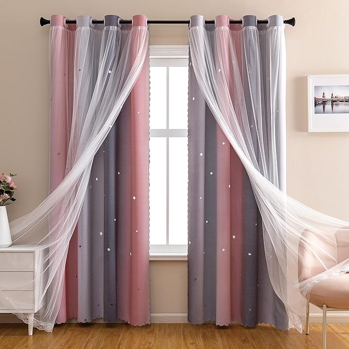 XiDi Pink and Grey Star Blackout Curtains