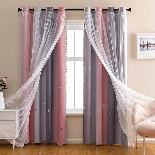 XiDi Pink and Grey Star Blackout Curtains