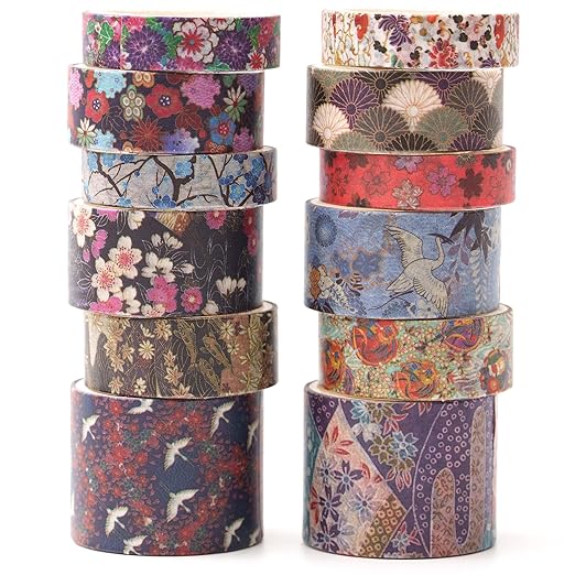 Songdao 12 Rolls Kyoto Charm Washi Tape Set Japanese Arts Adhesive Tapes Geometric Garden Decorative Masking Tape Sets for Craft, Kids, Scrapbook, DIY, Gift Wrapping (Purple Sakura)