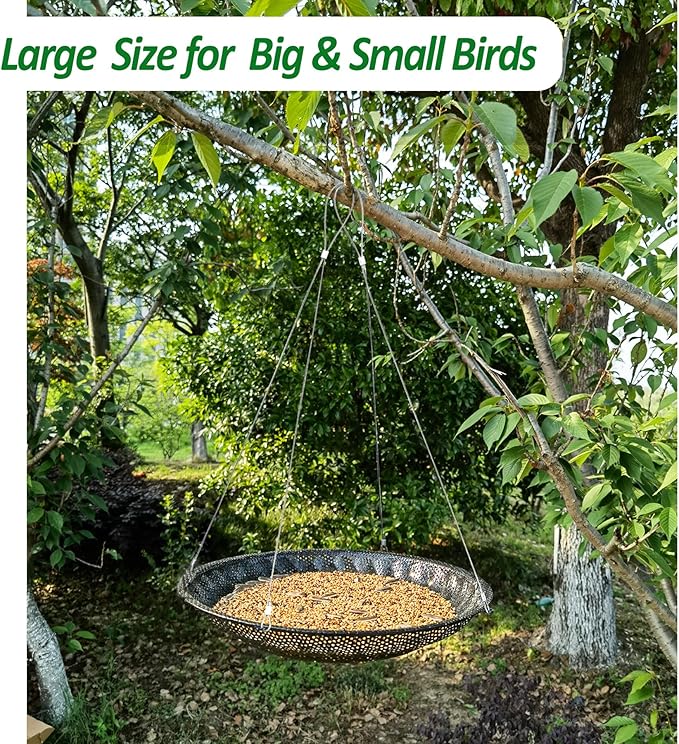 CQAIRIOU Upgraded Hanging Bird Feeder Tray,11.8” Stainless Steel Large Platform Metal Mesh Seed Tray for Backyard Garden Attracting Outside Wild Birds