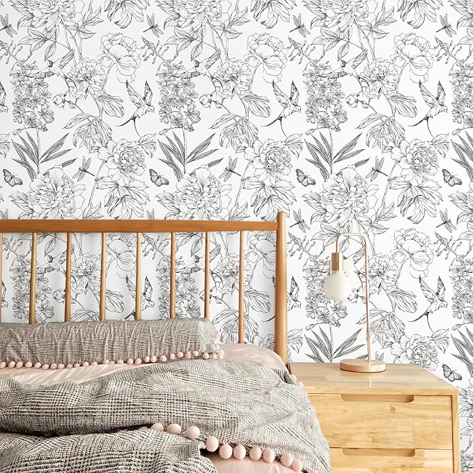 JiffDiff White and Black Wallpaper Peel and Stick Sketched Peony Floral