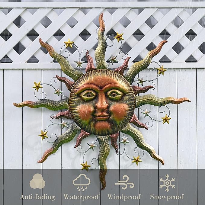 TERESA'S COLLECTIONS Sun Metal Wall Art for Outdoor Decor,32" Bronze Sun Face 3D Wall Decor for Garden Decor,Rustic Retro Hanging Sculpture for Outside Living Room Home Patio Farmhouse Gifts for Mom