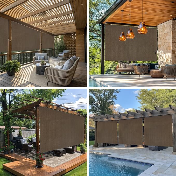 8'W x 8'H Mocha Patio Shades Roll up Outdoor Roller Shade Crank Wand Blind