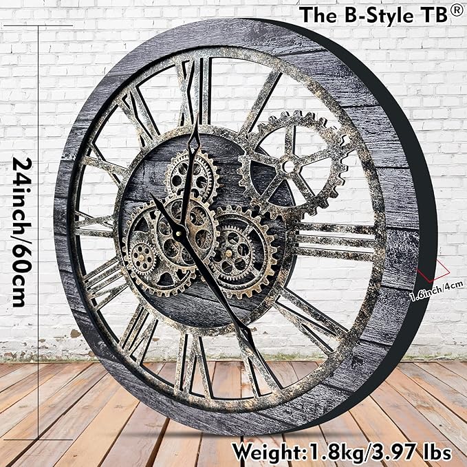 The B-Style Large Wall Clock 24 inch Moving Gear Wall Clock Oversized Vintage