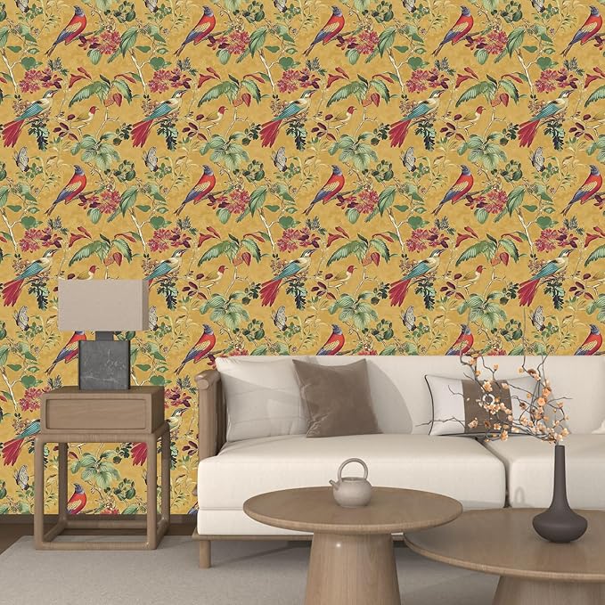 Vintage Floral Bird Wallpaper Peel and Stick, Boho Yellow Contact Paper