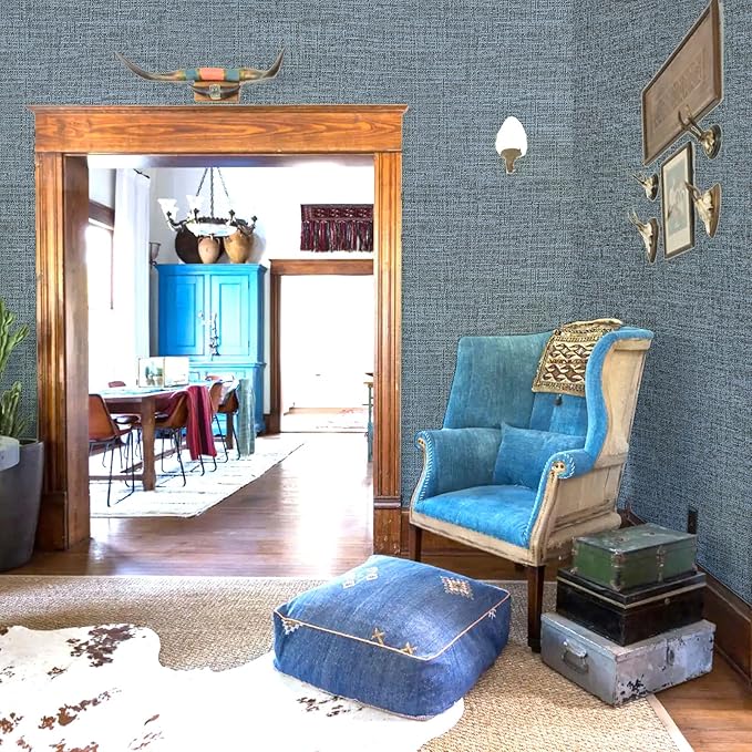 Amiya Grasscloth Wallpaper Blue Peel and Stick Faux Fabric Linen Contact Paper