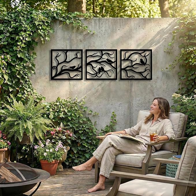 DEKADRON Metal Wall Art, Birds on Branch 3 Pieces, Metal Tree Wall Art, Tree Sign, Metal Wall Decor, Interior and Outdoor Decoration, 3 Panels Wall Hangings (60" W x 20" H / 154x50cm)