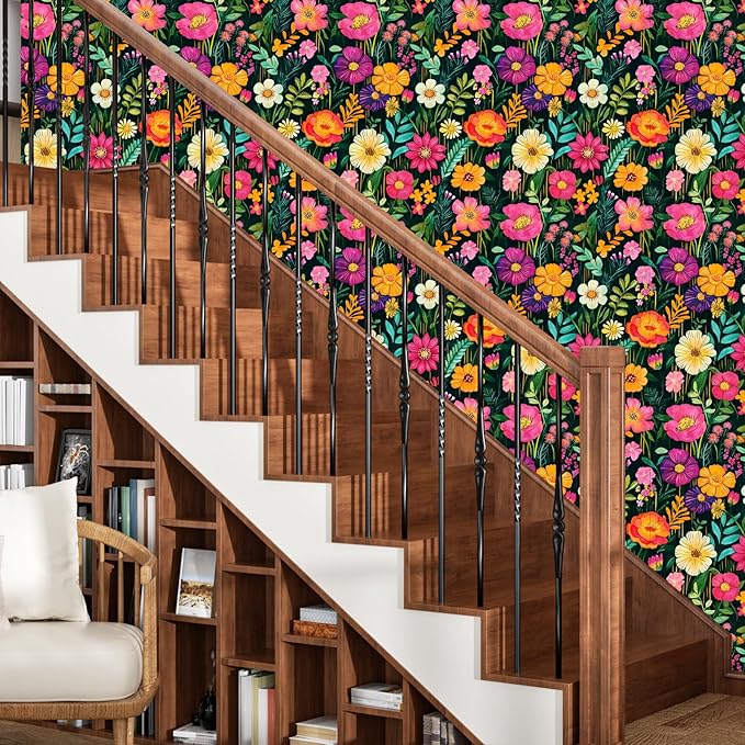 BOKEBEVE Extra Long Watercolor Colorful Floral Wallpaper Peel and Stick Green