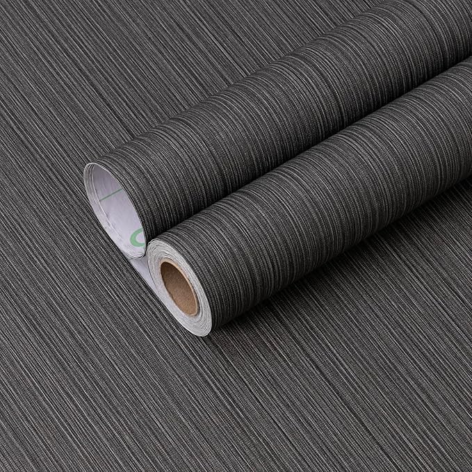 FUKU MON Dark Gray Vinyl/PVC Grasscloth Textured Wallpaper 24" X 394" Fabric