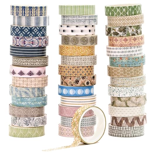 YUBBAEX 40 Rolls Basic Washi Tape Set Cute Printed Patterns Masking Skinny Creative Decorative Tapes for Arts, DIY Crafts, Journals, Planners, Scrapbook, Wrapping (Decorism 1)