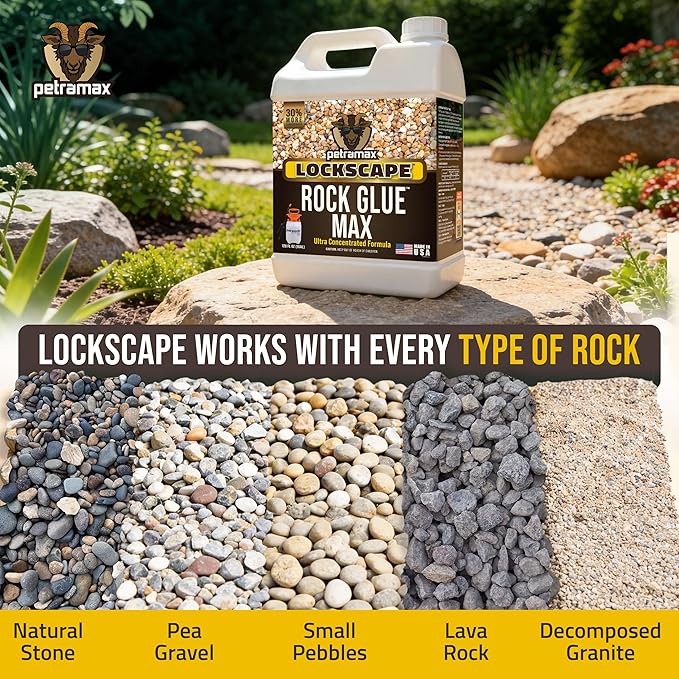 Petra Max Rock Glue for Landscaping, 4 Gal - Wide Coverage & Pet Safe Mulch Glue for Rocks - Lockdown Gravel/Pebbles/Stones - Sticky Clear Gravel Binder & Decomposed Granite Stabilizer (1Gal x4)