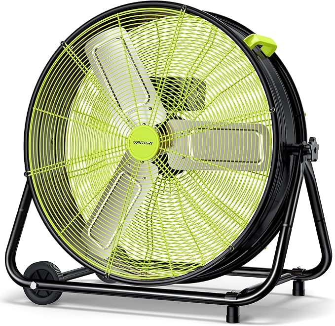 VAGKRI 24 Inch Industrial Drum Fan, 320W High Velocity Floor Fan, 3 Speed Heavy Duty Metal Air Circulator, 360Â° Tilt with Casters Handle ETL Standard for Patios, Warehouse, Commercial,Basement (Green)