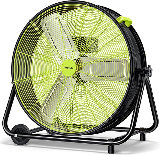 VAGKRI 24 Inch Industrial Drum Fan, 320W High Velocity Floor Fan, 3 Speed Heavy Duty Metal Air Circulator, 360Â° Tilt with Casters Handle ETL Standard for Patios, Warehouse, Commercial,Basement (Green)