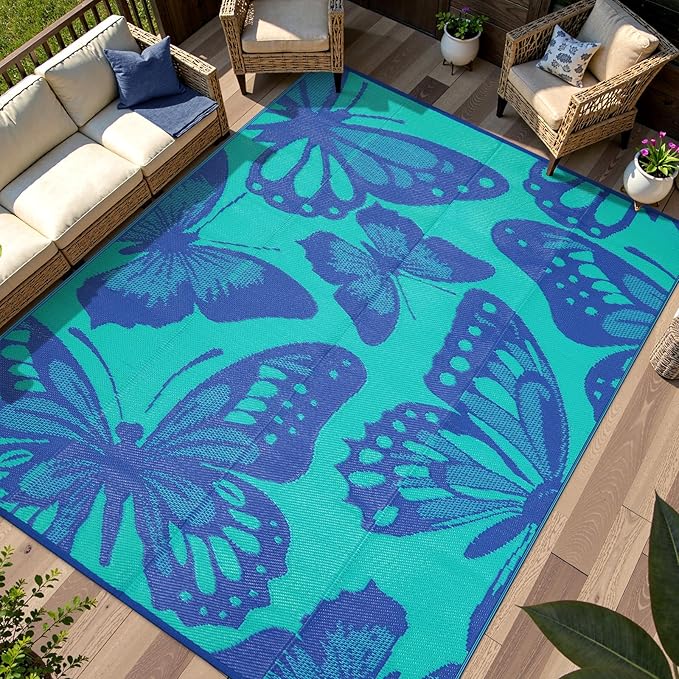 Anidaroel Butterfly Patio Rugs Outdoor 8X10 Waterproof, Reversible Plastic Straw Outside Area Rug, RV Outdoor Mat for Under Awning, Pool Deck, Picnic, Porch (Purple&Green,8âX10')