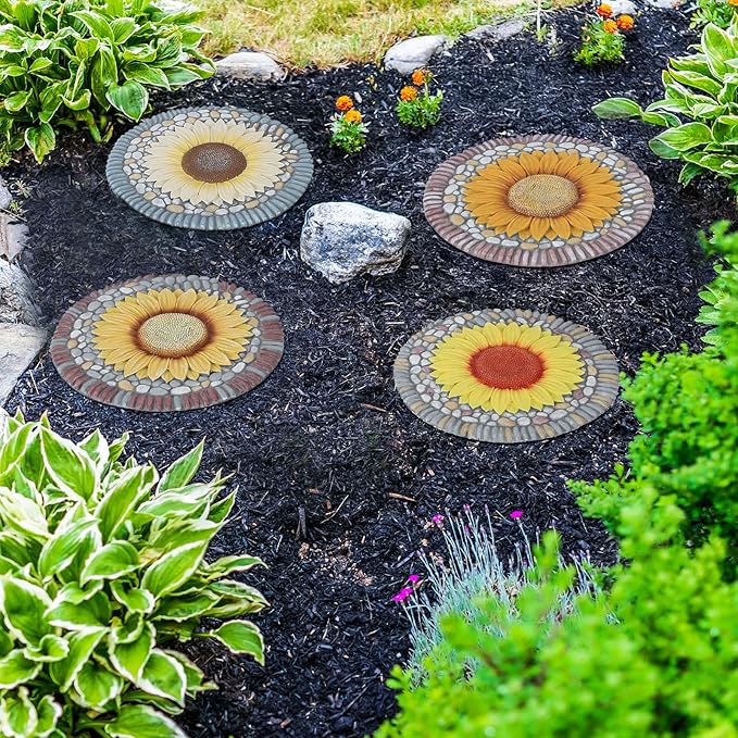 PINPON 4 Pack Sunflower Stepping Stones – 10 Inch Cement Garden Pavers with Colorful Pebble Border, Hand-Painted Outdoor Walkway Stones, Weather-Resistant Decorative Path Stones for Patio & Yard