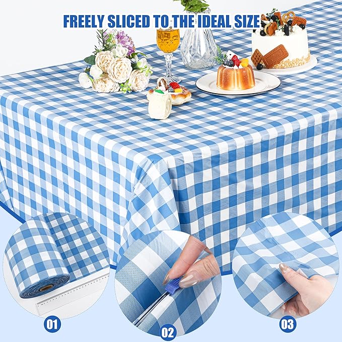 Kochorie 54 Inch x 300 Ft Light Blue Checkered Plastic Table Cloth Roll
