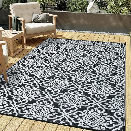 HUGEAR Outdoor Rug for Patios Clearance,Waterproof Mat,Large Outside Carpet,Reversible Plastic Straw Camping Rugs,Rv,Porch,Deck,Camper,Balcony,Backyard (5x8,Danica/Black&White)
