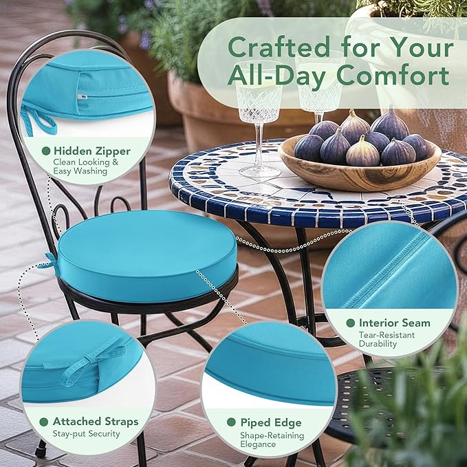 Summsun Outdoor Bistro Chair Cushions Set of 2, 15" D x 3" H Round Chair Cushions Waterproof and Fade Resistant Chair Cushion Pads with Non-Slip Ties and Removable Covers for Garden, Teal