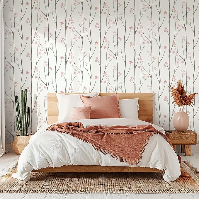 Timeet Floral Wallpaper White and Pink Wall Paper Peel and Stick Modern Contact