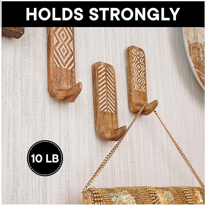 Indian Shelf 10 LB Decorative Wood Adhesive Wall Hooks–Boho Peel and Stick Hooks