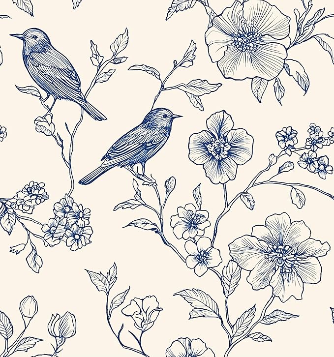 Beige Wallpaper Peel and Stick Blue Floral Bird Vintage Contact Paper 17.5" x