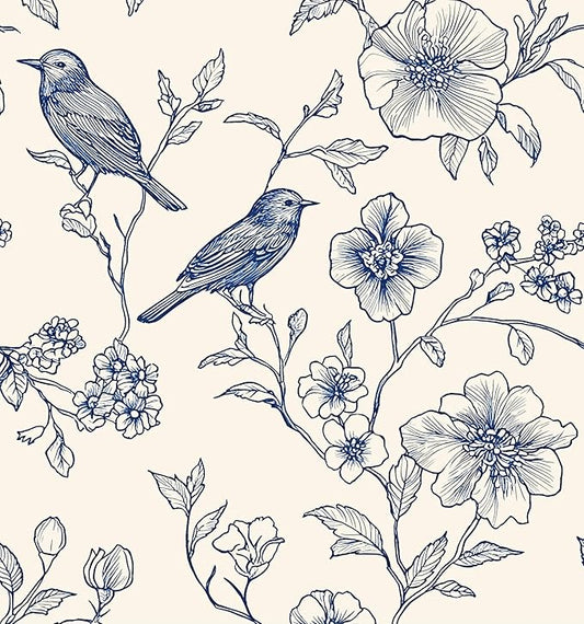 Beige Wallpaper Peel and Stick Blue Floral Bird Vintage Contact Paper 17.5" x