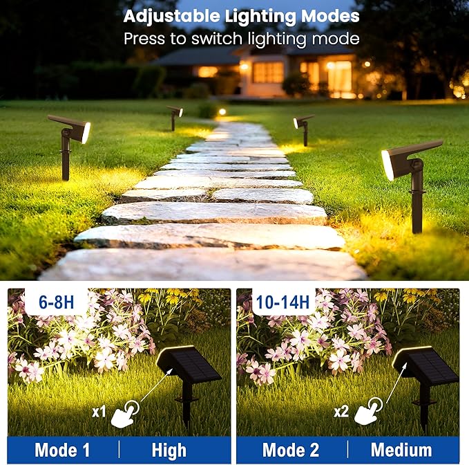 Solar Lights Outdoor Waterproof IP65, Super Bright LED, 3000K 2 Lighting Modes, Solar Powered Yard Garden Solar Spot Lights for Outside Landscape Auto On/Off -4 Pack
