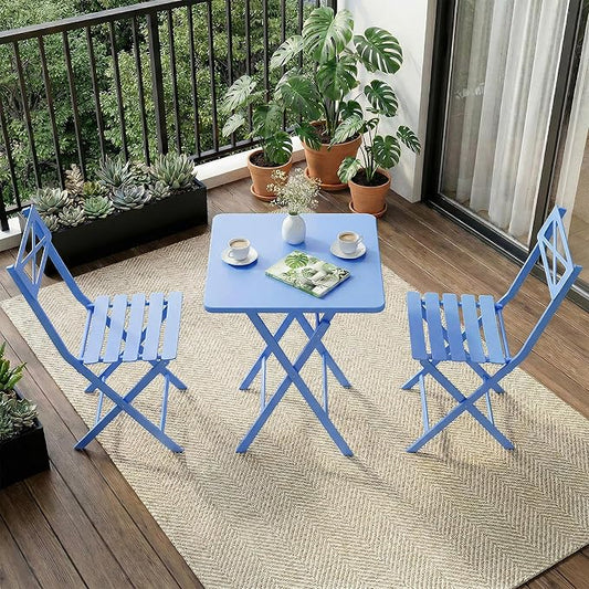 Outdoor Square Bistro Set 3 Piece, Blue Iron Tube Patio Furniture Set with Square Table & 2 Chairs, Foldable Steel Backyard Deck Porch Garden , Space Saving Outdoor Dining Set for Small Spaces