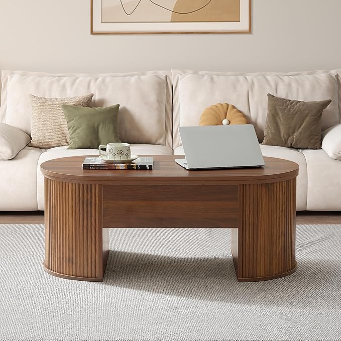 QHITTY Fluted Coffee Table with Lifting Top, Oval Wood Lift Top Coffee Table with Hidden Compartment, Mid Century Pull up Center Tables for Living Room, Office - Walnut