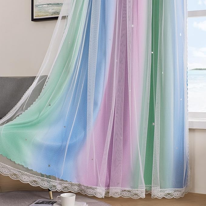 XiDi Blue & Rainbow Curtains for Kids & Girl Rooms