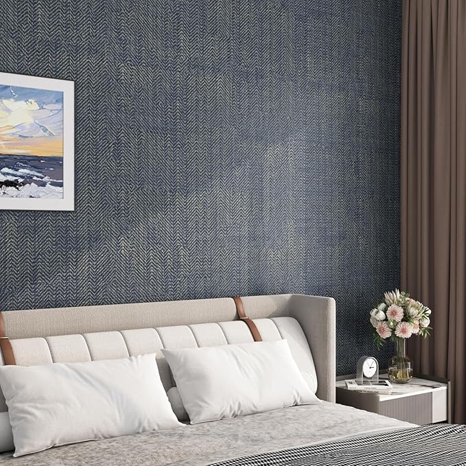 FunStick Gold Navy Blue Grasscloth Wallpaper Peel and Stick Wallpaper Textured