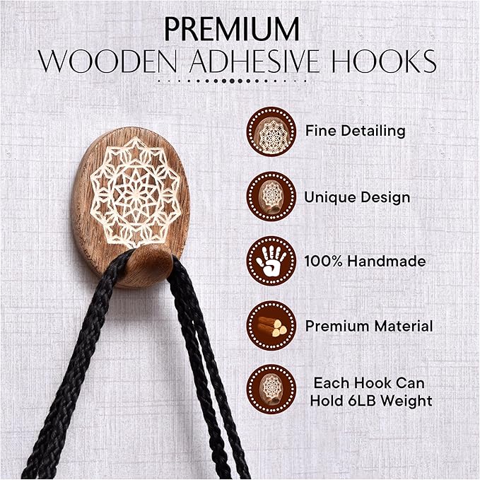 IndianShelf 6 Lb- 24 Pieces Decorative Wood Adhesive Wall Hooks–Boho Peel and
