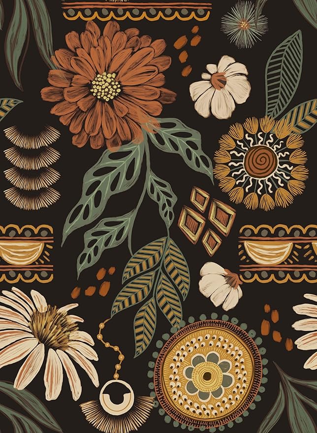 JiffDiff Boho Peel and Stick Wallpaper 17.3" x 120" Vintage Sun Floral Retro