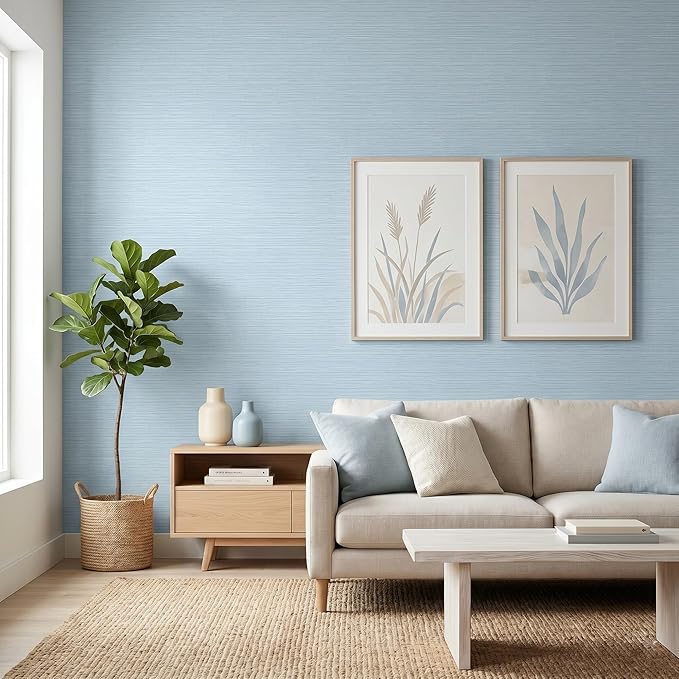 FUKU MON Light Blue Grasscloth Wallpaper Peel and Stick 24" x 394" Thickened