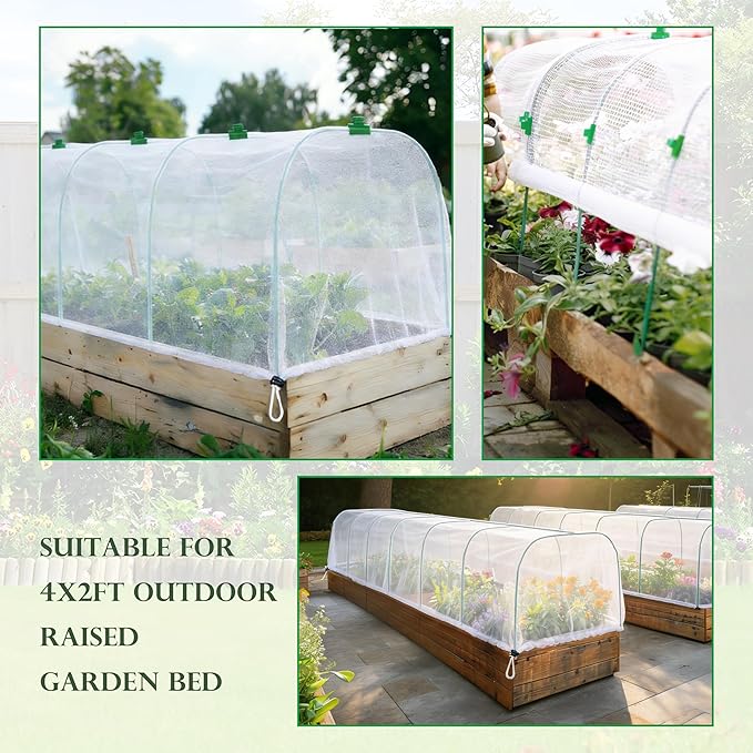 Fayoo Garden Netting for Raised Beds with 60 Garden Hoops, 2 Pack Raised Garden Bed Cover, 0.04in Ultra Fine Mesh Bird Netting Pest Barrier for Vegetables Fruits, DIY Plant Support Kit with 20 Clips