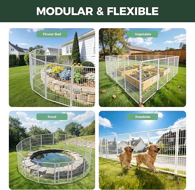 FXW Garden Fence Outdoor for the Yard – 40in(H) x 18.2ft(L) Heavy Duty Metal Animal Barrier for Dog, No Dig Decorative Dog Fence, 8 Panels, White