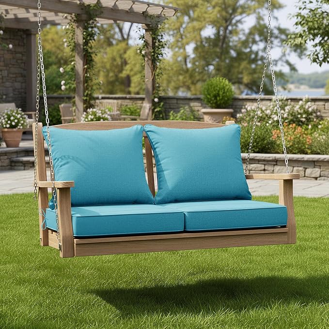Summsun Faux Linen Outdoor Chair Cushions, Water Resistant Backrest and Deep Seat Cushion Set with Removable Cover, Straps, Non-Slip Bottom for Patio Furniture, 24 x 24 Inch, Teal, Set of 2