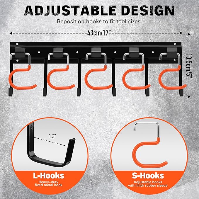 ELEAD 68'' All Metal Adjustable Garden Tool Organizer: Garage Tool Organizer Wall Mount with Orange Hooks, Garage Organizers and Storage, Tool Hangers for Shed