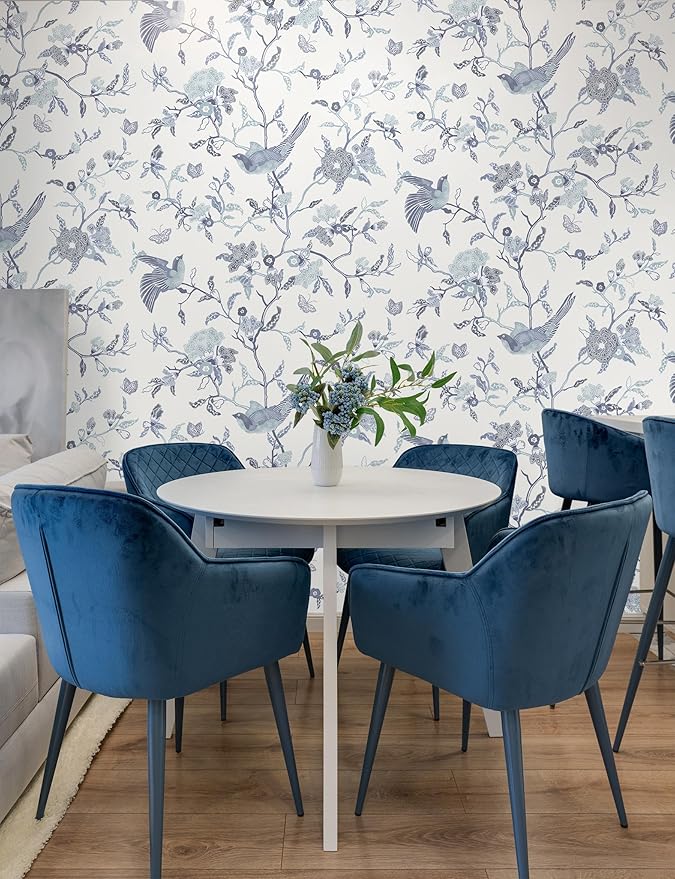 Timeet Peel and Stick Wallpaper Vintage Floral Contact Paper Blue and White